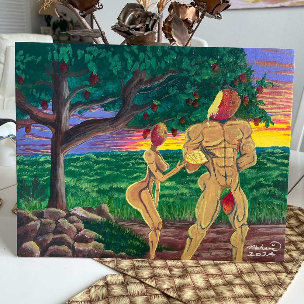Original Art hand Painting Tropical temptation: A slice of Mango Delight